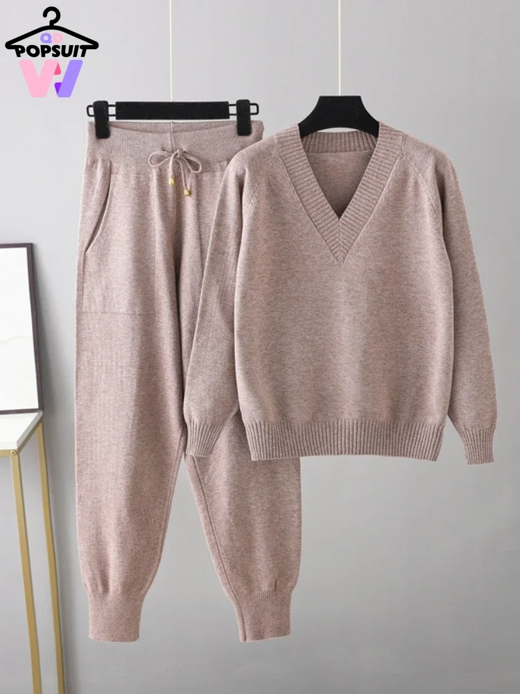 

New in Autumn Winter Women Set Fashion Casual Sexy V-neck Lace-up Pockets Harem Pants Pullover Warm Lady Knitting Sweater Suit