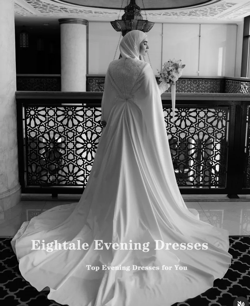 Eightale Muslim Wedding Dress High Neck Satin Customized Beaded Sashes Arabic Bridal Gown Long Sleeves Vestido De Noiva image 5