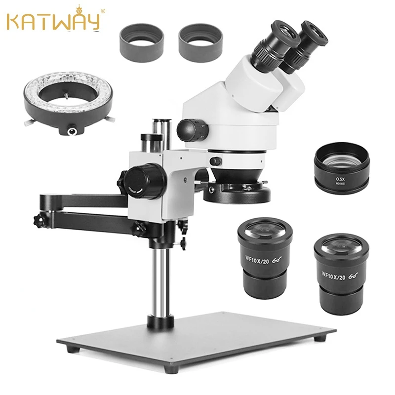 Katway HH-MH02A Binocular Stereo Microscope, 7X-45X Magnification, Articulating Arm Stand with Base Plate, 56-Bulb LED Light