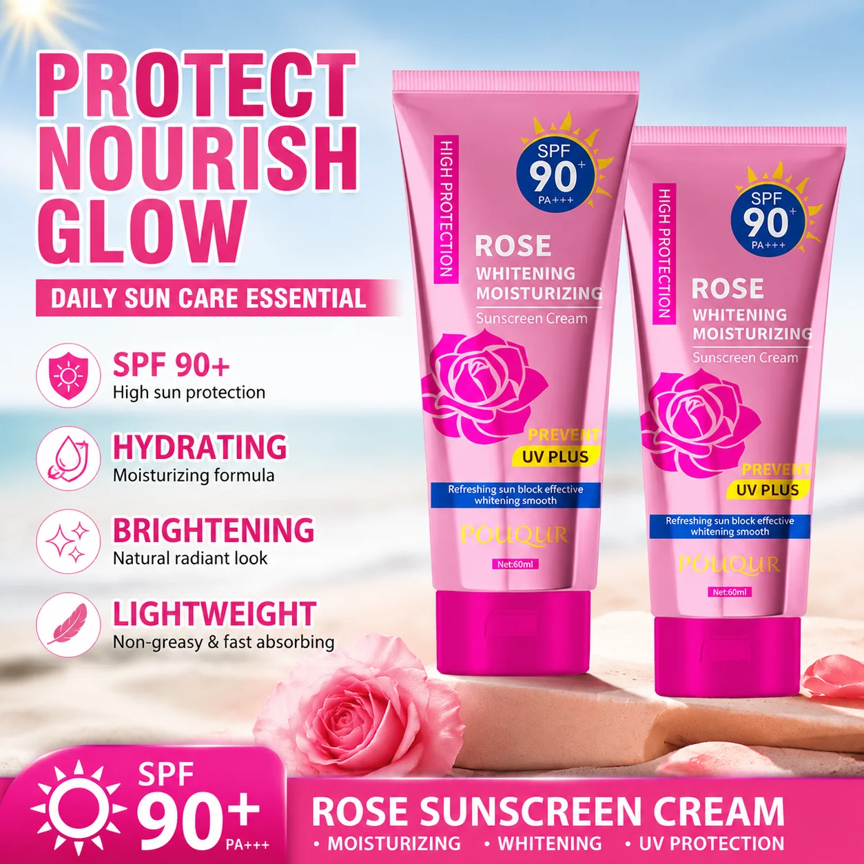 Rose Sunscreen, Isolation BB Cream, UV Moisturizing Facial Sunscreen, Suitable for Outdoor Sports Travel for Men and Women