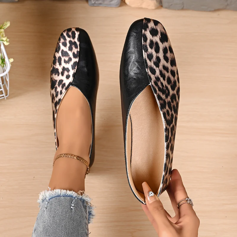 

2026 New Square Toe Leopard Flats Women Shallow Mouth Ballerina Shoes Ladies Slip on Loafers Low Heels Lazy Single Flats Pumps