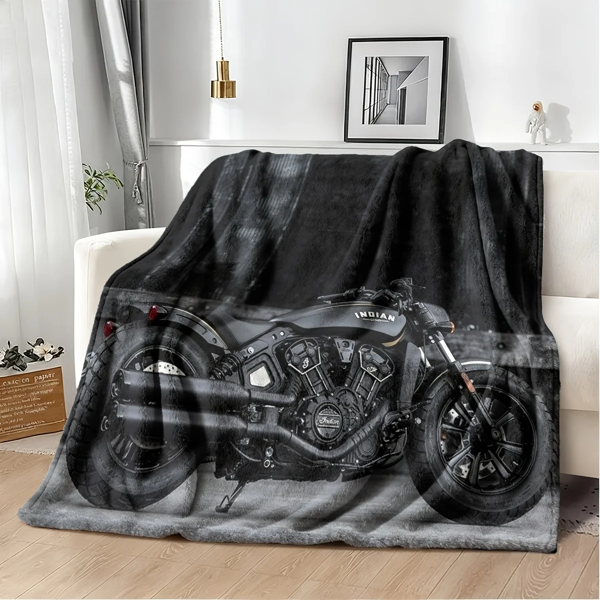 Premium Indian Motorcycle Biker Throw Blanket Canvas Sofa Decor Gift for Men Motorcycle Enthusiast Garage Art