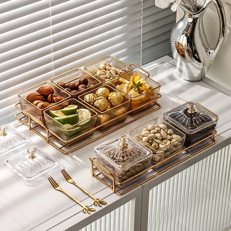 Dried Fruit Salad Plate Snack Dishes Transparent Square Dessert Jar Dish Grid Food Storage Preserved Tray Box Lid Bowl Tableware