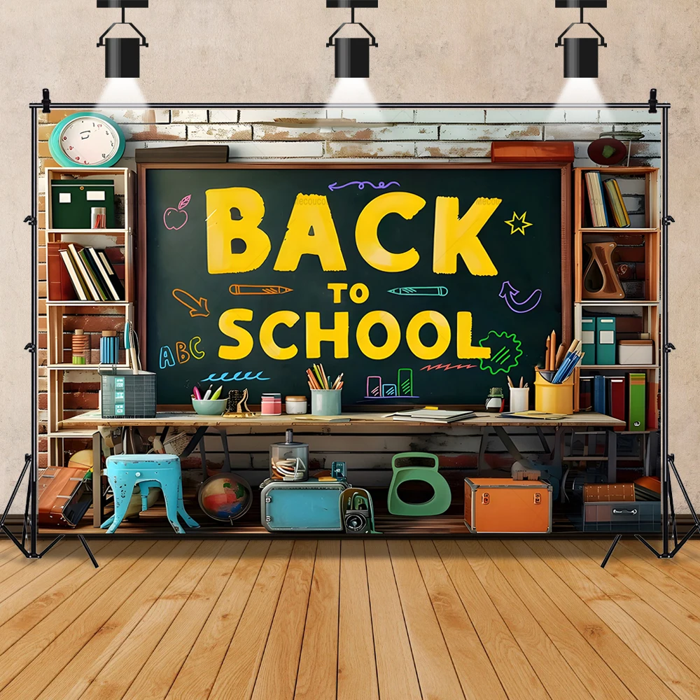 Back To School Classroom Chalkboard Banner Backdrop Custom Kids School Starts Globe Book Pen Photography Poster Decor Background