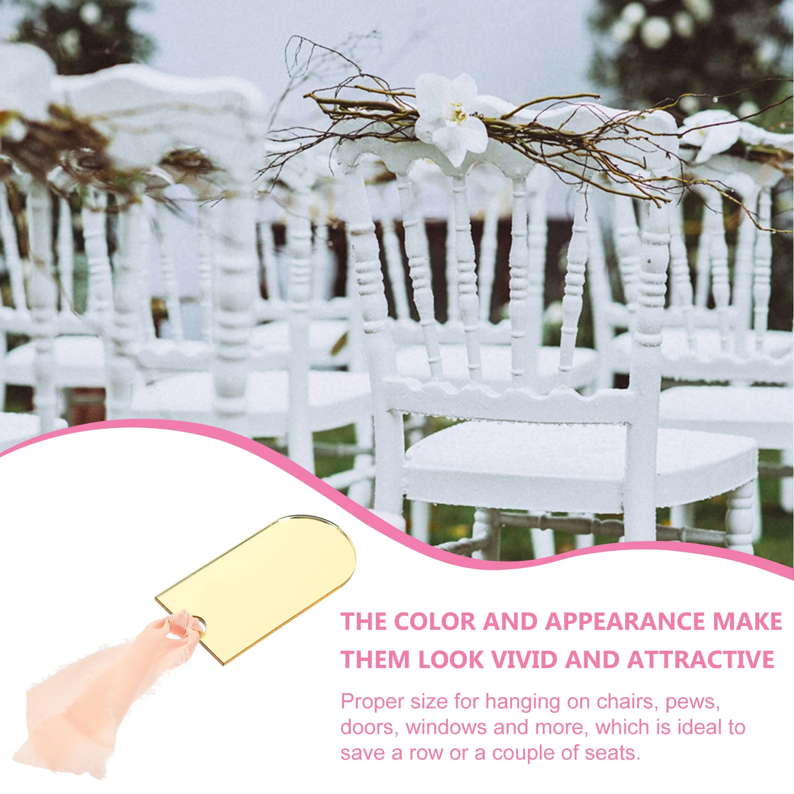 

8pcs Wedding Seating Signs Blank Chair Hanging Reserved Signs Acrylic Arch Ribbon Gold Mirror Party Seat Tags Lanyard Hanging