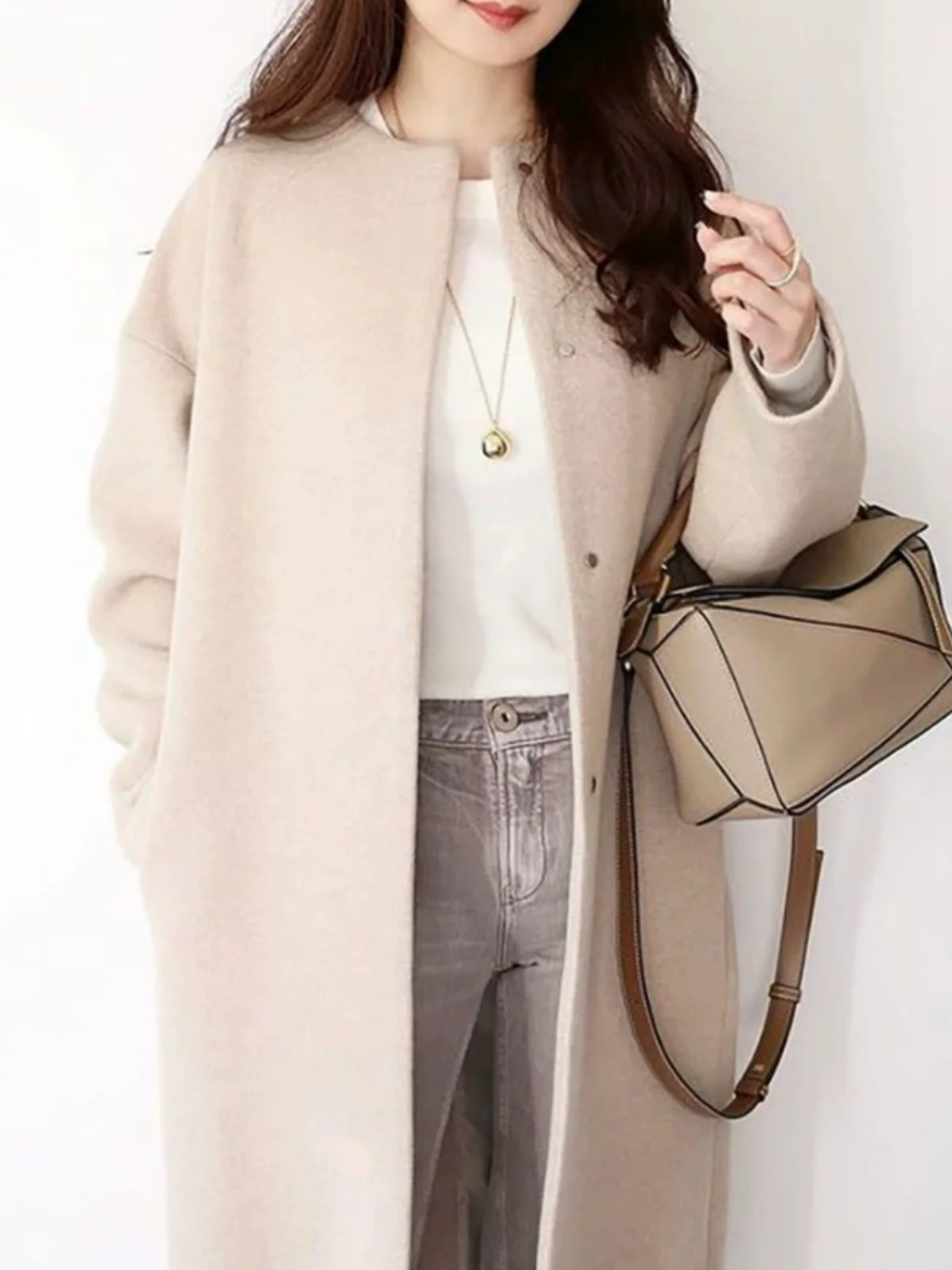 Cappotto Invernale Giapponese Laid-ba per Donna, Taglio Dritto e Ampio, Lunghezza Media, in Lana, Stile Coreano per il Pendolarismo