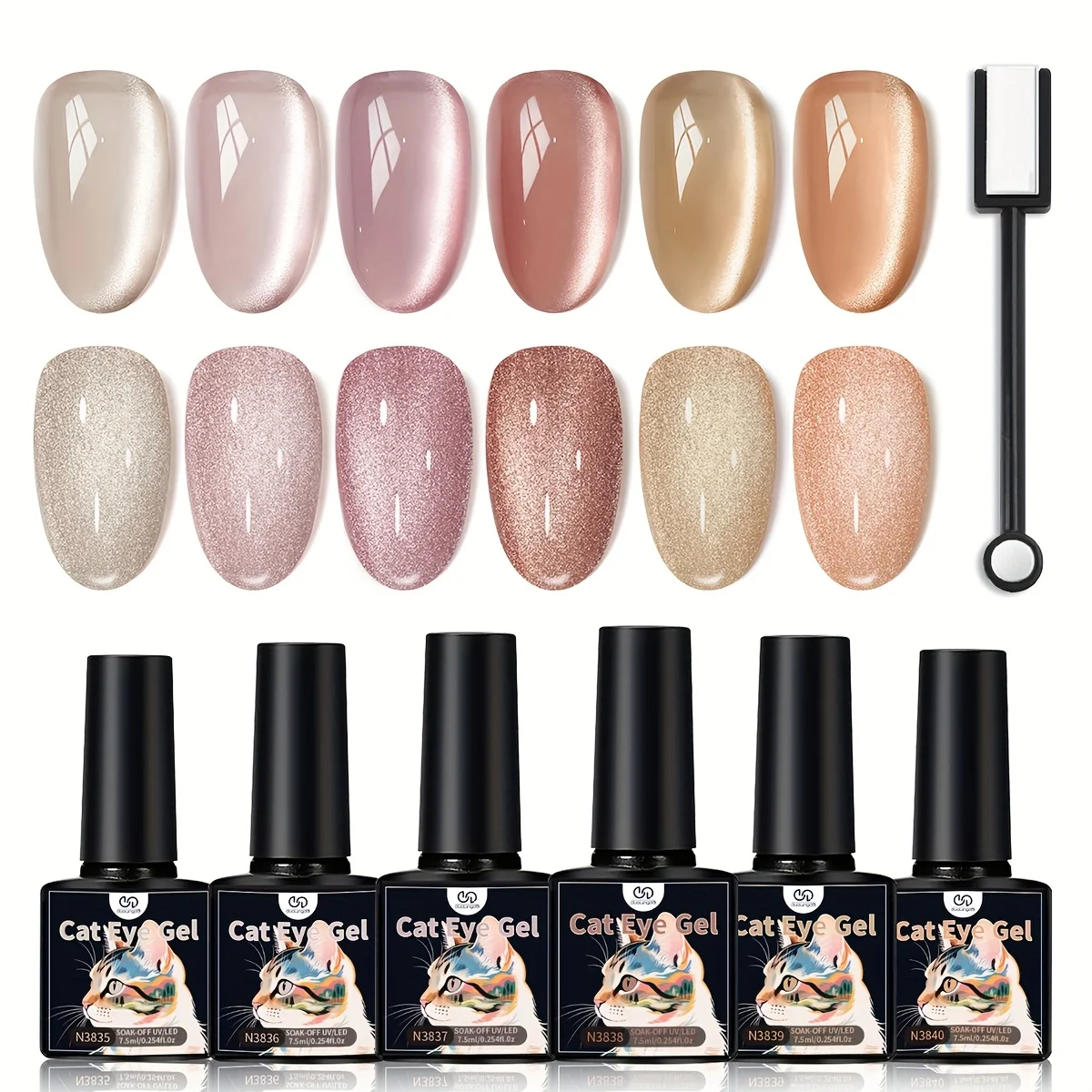 

6pcs Magnetic Cat Eye Gel Polish - Glitter /LED Curing Nail Polish with Magnetic Stick, Formaldehyde-Free Shimmer Colors