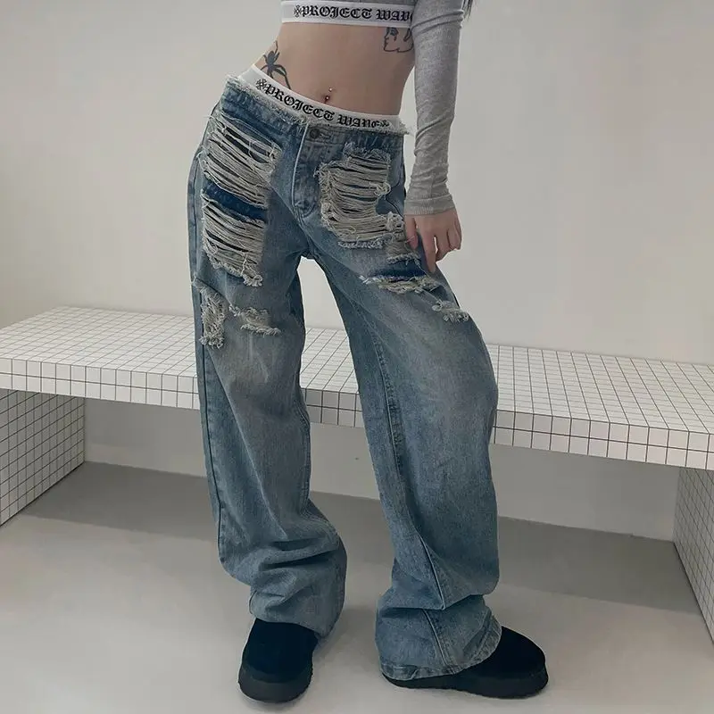 Jeans Hole High Quality High Waist Harajuku 2024 New Bottoms Fashion Y2k Pants Women Straight Vintage Casual Denim Trousers