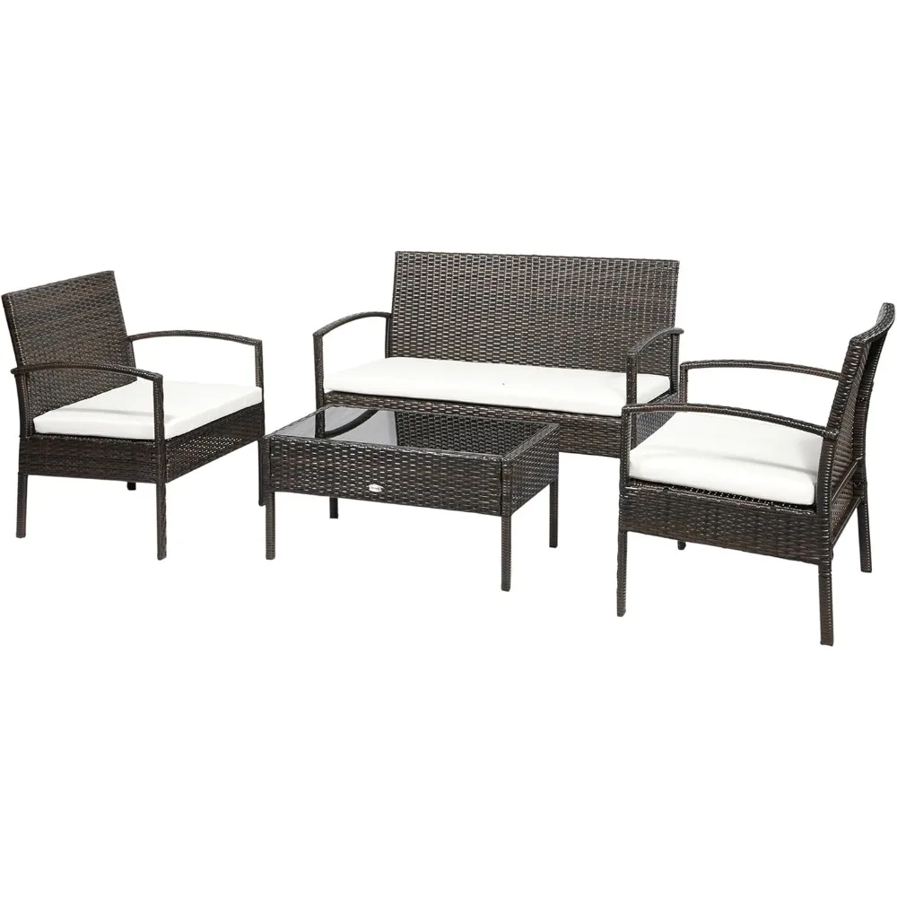 

Patio Furniture Set, 4 Piece Indoor Outdoor PE Wicker Conversation Set with Chairs, Loveseat Sofa, Cushions, Glass Table for Ba