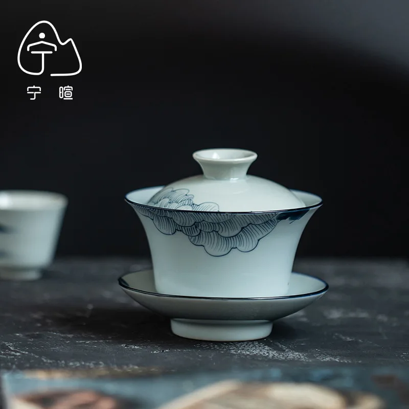 Hand-painted Blue and White Landscape Gaiwan Kung Fu Tea Set Ceramic Tea Bowl Large Ancient Green Glaze Handheld Bowl