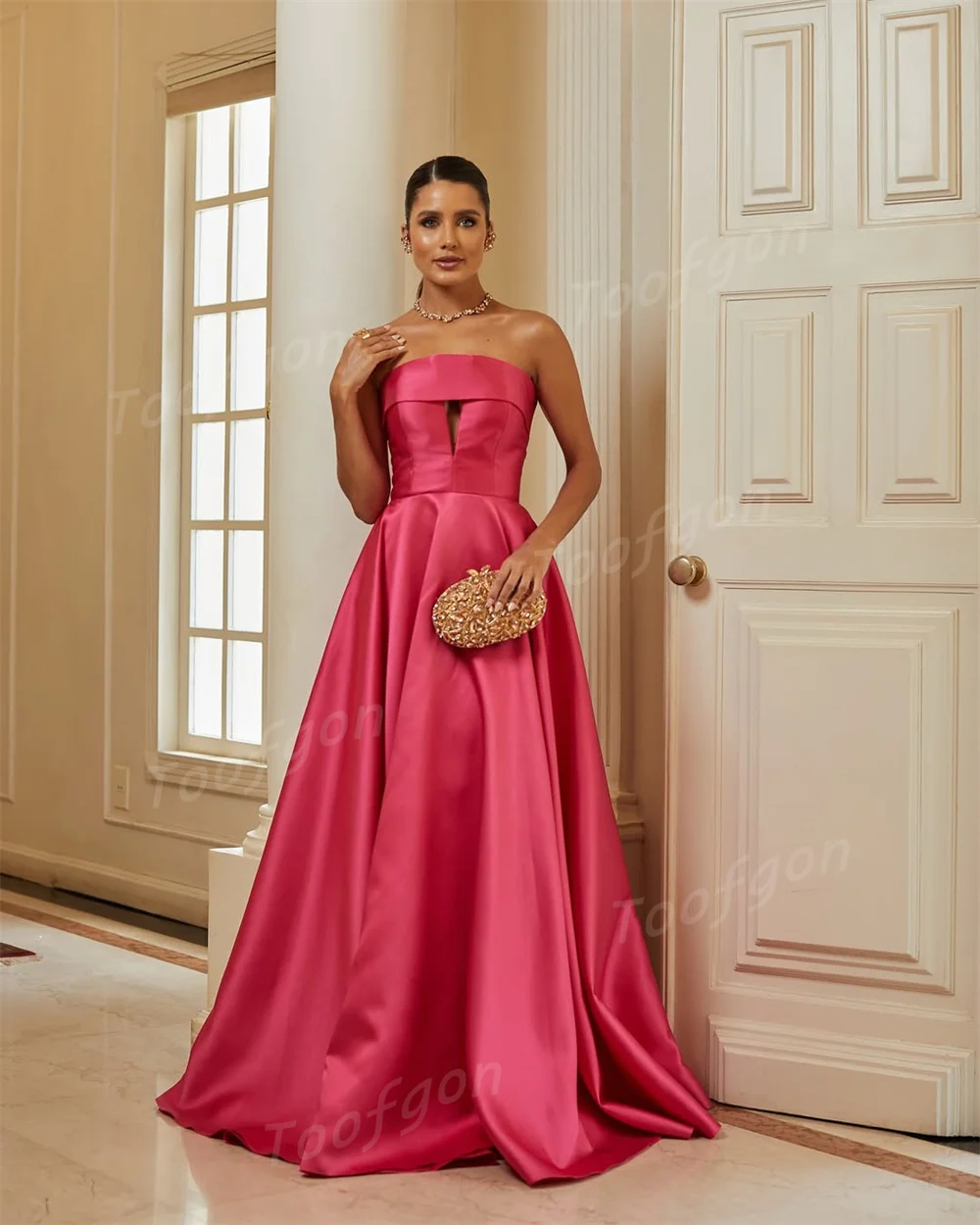 Toofgon rosa quente sem alças vestidos de noite personalizado drapeado cetim a linha formal vestidos de baile espartilho volta vestido de ocasião especial