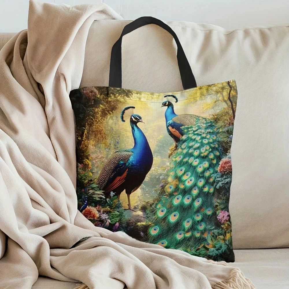 1pc Vibrant Peacock Pattern Tote Bag - Lightweight, Durable Polyester with Fixed Shoulder Straps, Ideal for Grocery Shopping