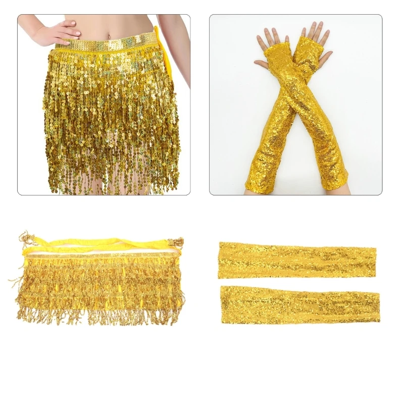 Sparkling Sequins Short Skirt and Fingerless Long Glove Set for Women Belly Dance Glitter Fringed Hip Scarf Party Outfit