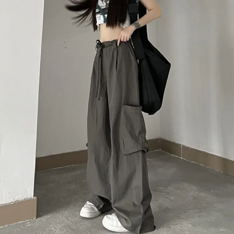 Cargo Pants Women Loose Solid Pockets Empire Floor Length All-match Chic Preppy Style Streetwear Female Daily Ins Autumn Winter