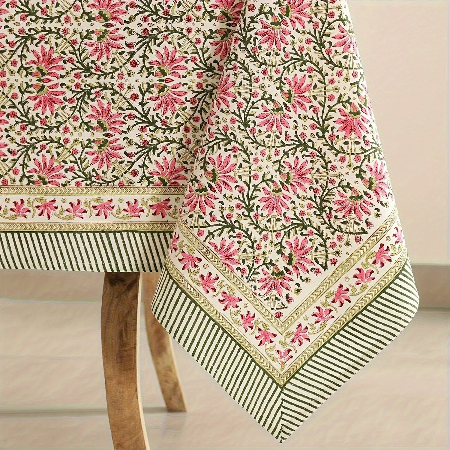 Large floral tablecloth, with gold trim and striped border