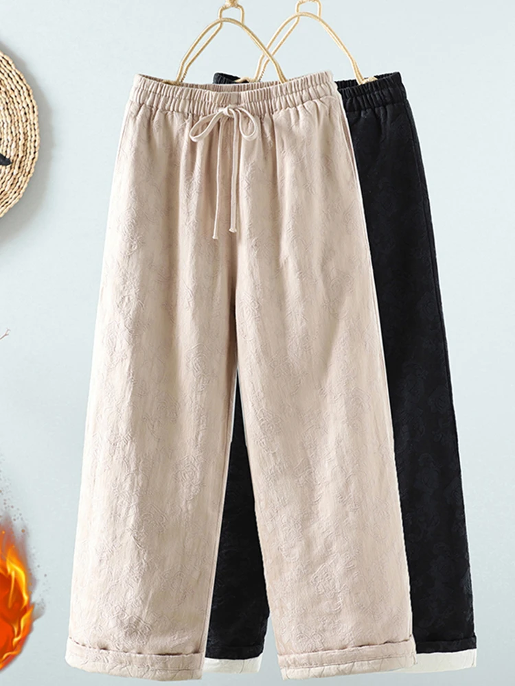 

New Chinese Sle High Waist Wide Leg Pants Women's Thiened Cotton Insert Loose Fit Casual Straight Leg Trousers