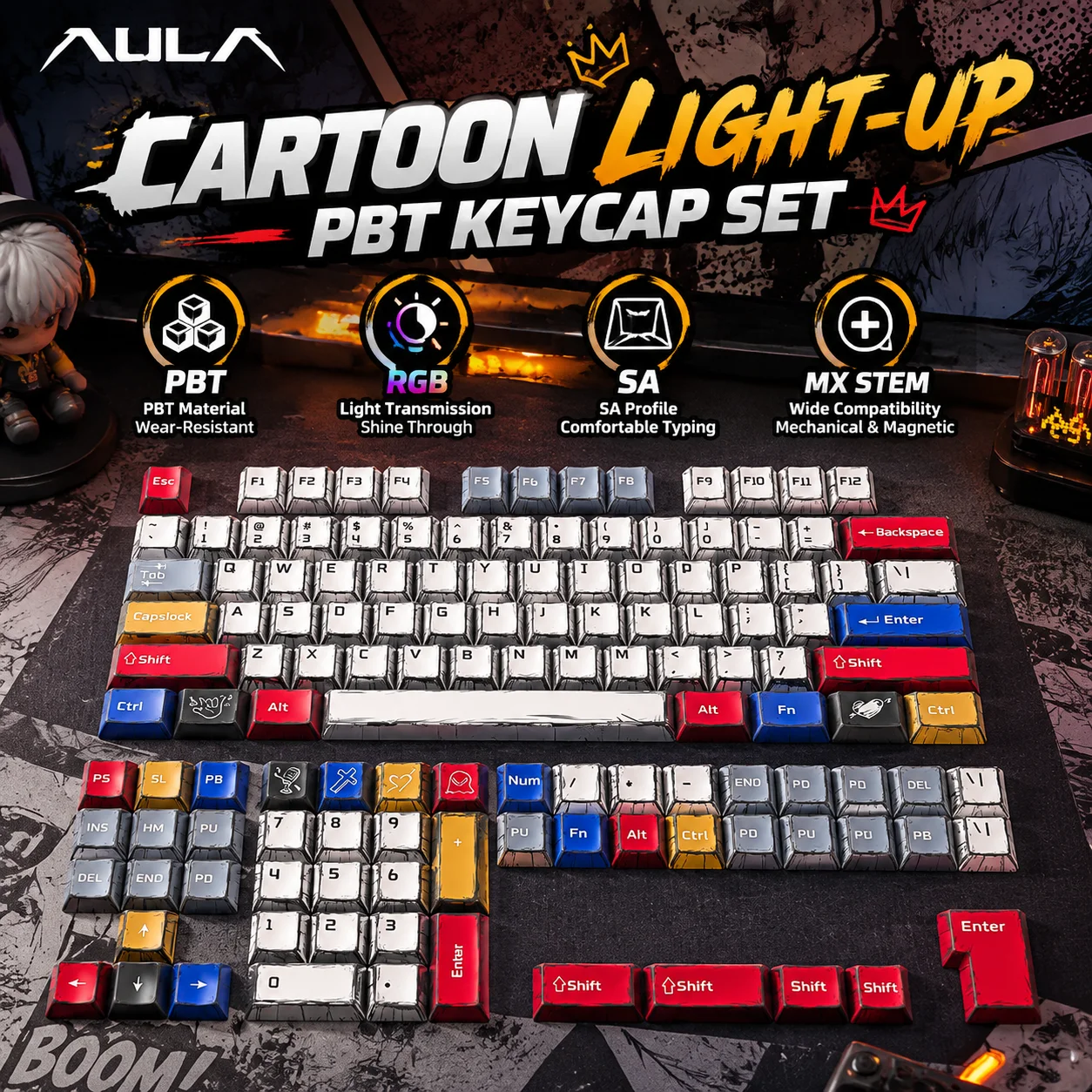 AULA Cartoon Light-Up Keycap Set PBT Keycaps MX Stem Compatible Mechanical Keyboard 61/68/75/84/87/98/104/108 Keys