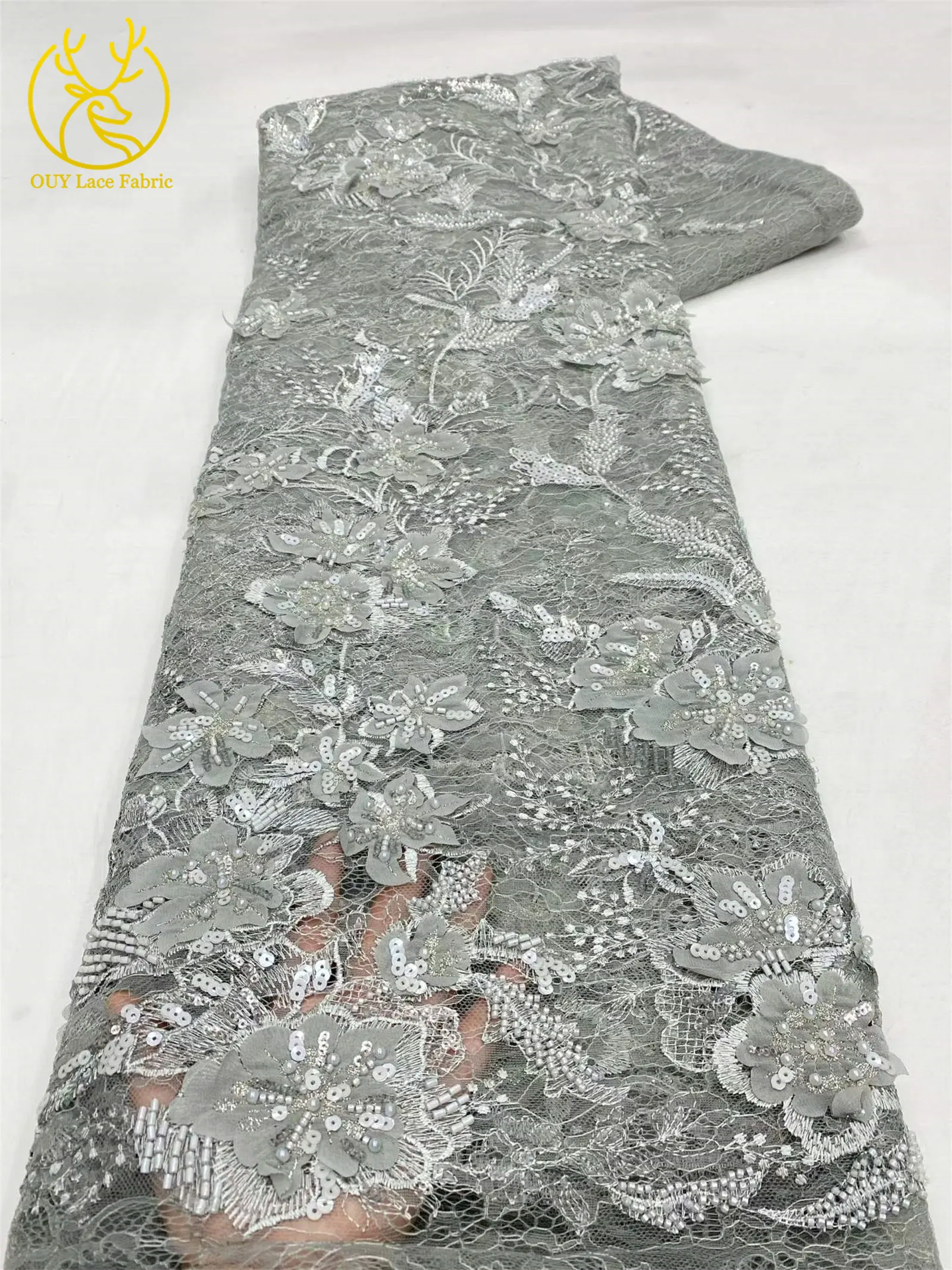 Neuer Stil Afrikanischer 3D-Stickerei-Perlen-Blumen-Spitzenstoff 2026 Französischer Pailletten-Spitzenstoff zum Nähen von Brautkleidern und Partykleidern – Detail 9