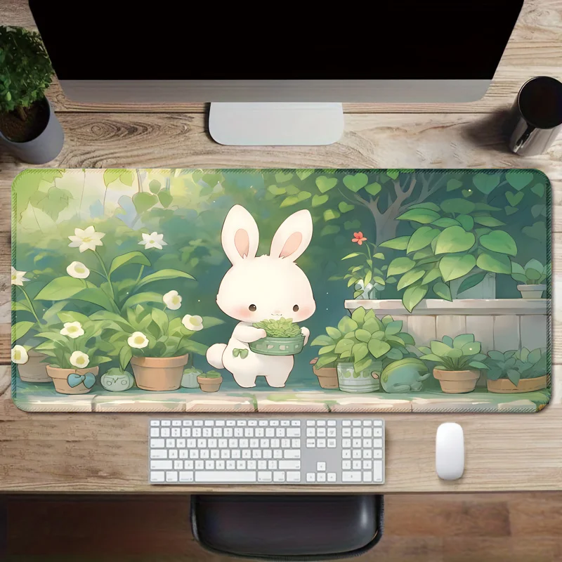 

Большой игровой коврик для мыши с милым кроликом и растениями — нескользящая резиновая основа, прошитые края, коврик для стола с гладкой поверхностью (35,4 x 15,7 дюйма/90