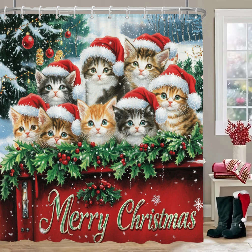 

Christmas cat and dog Print Bathing Curtain Bathroom Shower Curtain With 12 Hooks bathroom home decor and accessories