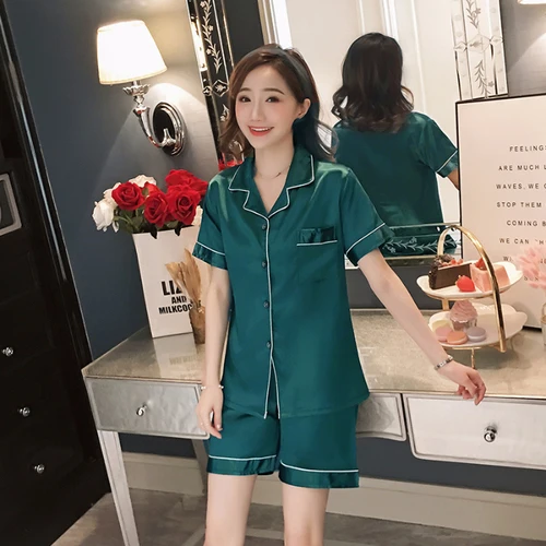 Womens Silk Satin Pajamas Pyjamas Set short Sleeve Sleepwear Pijama Pajamas Suit Female Sleep Two Piece Set Loungewear 4XL 5XL