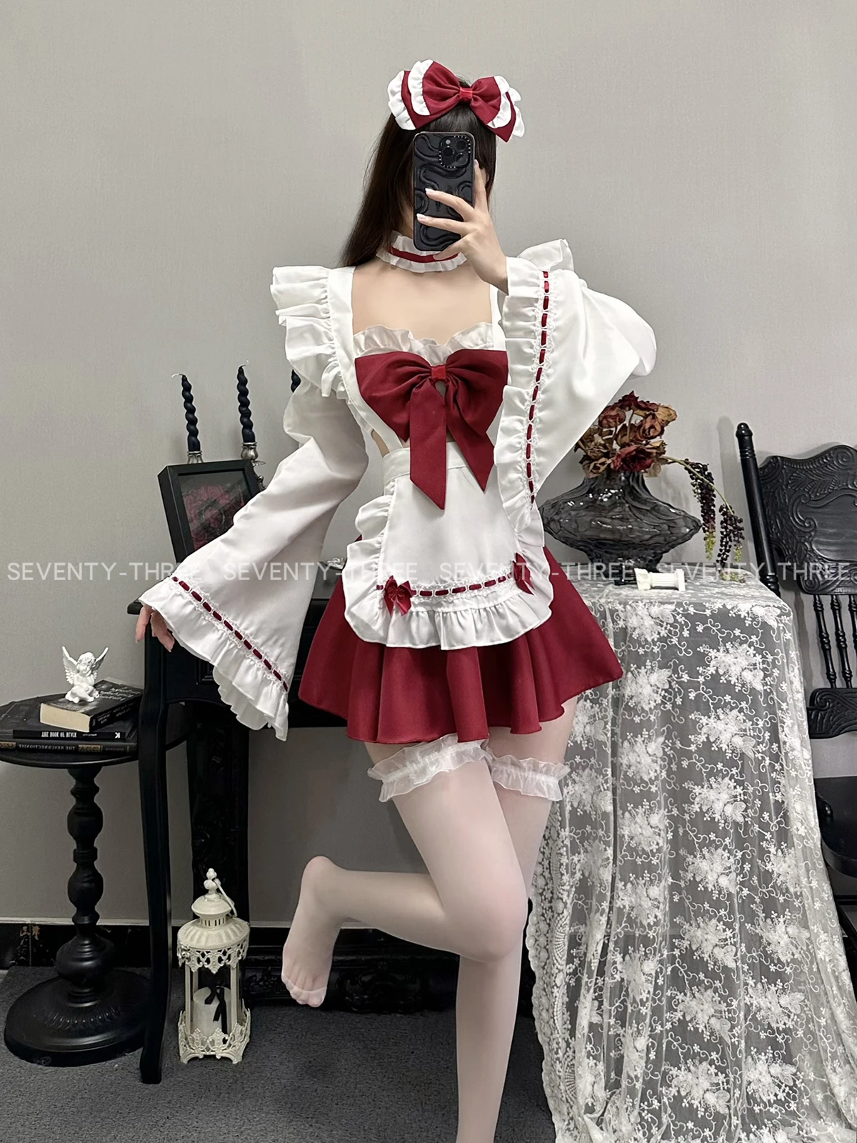 Cute Red Witch Cosplay Costume Women's Lolita Dress Sweet Maid Suit Witch Uniform Role Play Nightwear Underwear Halloween