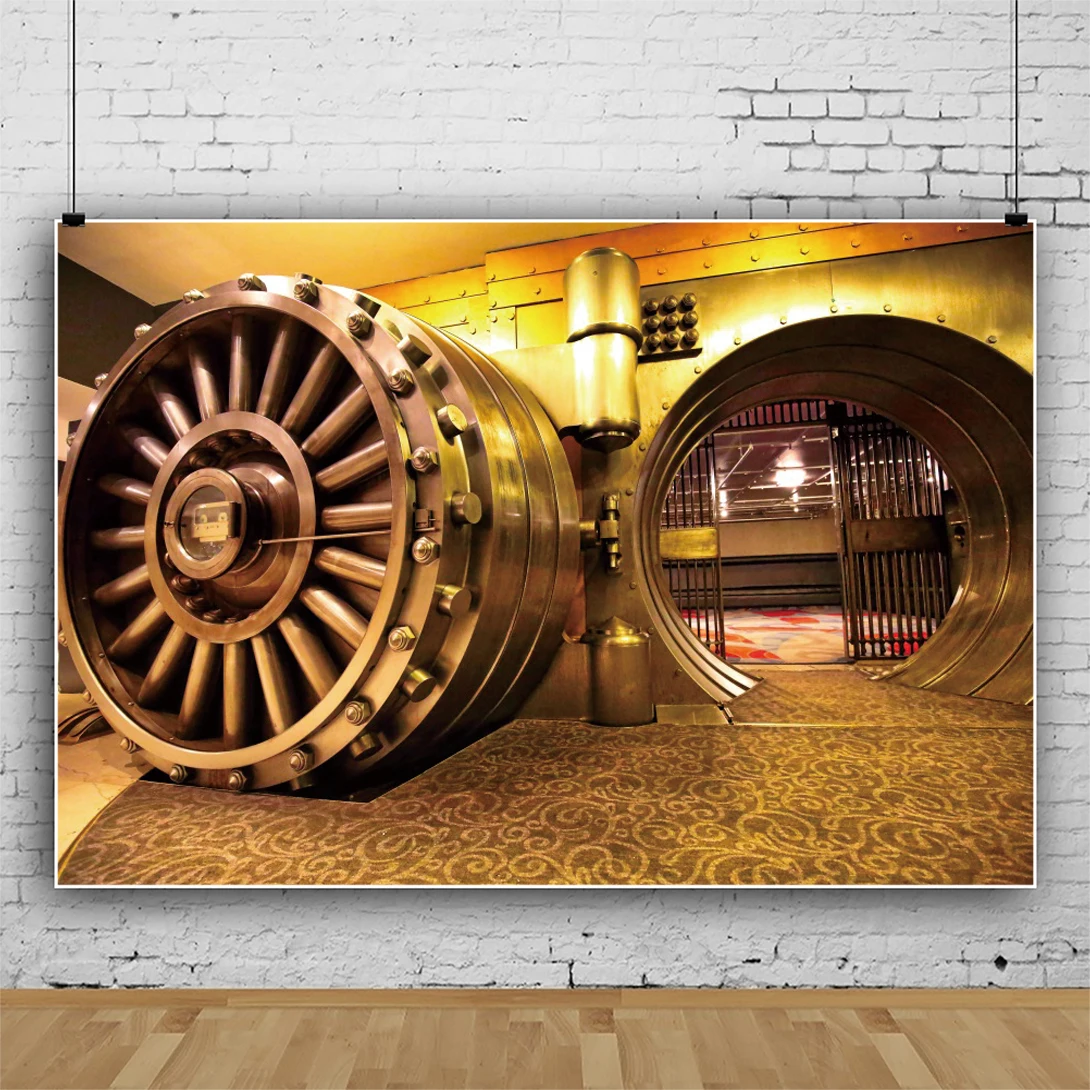 Bank Vault Backdrop Safe for Money Decoration Banner Golden Metal Round Vault Door Storage Robber Theme Photography Background