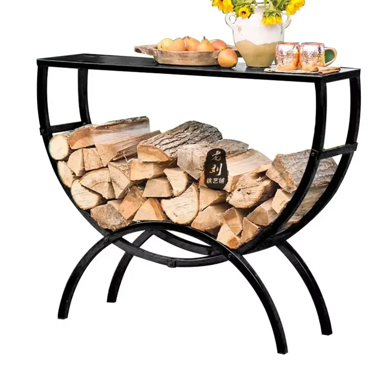 European Wrought Iron Floor Standing Firewood Rack Table Multifunctional Outdoor Wood Storage Organizer Console Entryway