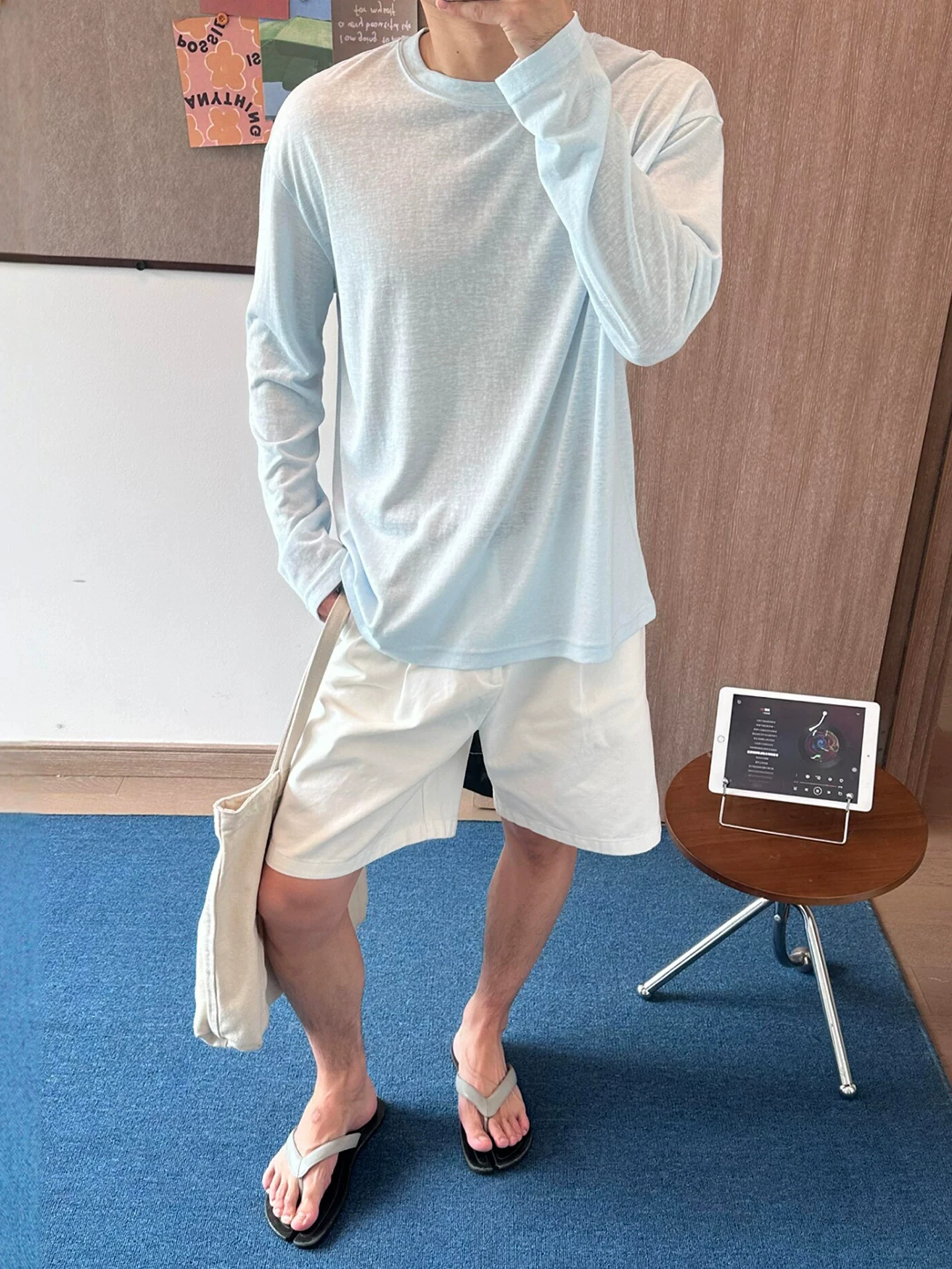 Light Blue Lyocell Ice Silk Cool Feeling T-Shirt Style Summer Lightweight Breathable Lazy Style Long Sleeve Sun Protection Co...