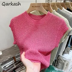 Knitted Sweater Vests Women Solid Hollow Out Slim Summer O-neck Office Lady Simple Korean Style Daily Pullover Fashion Basic