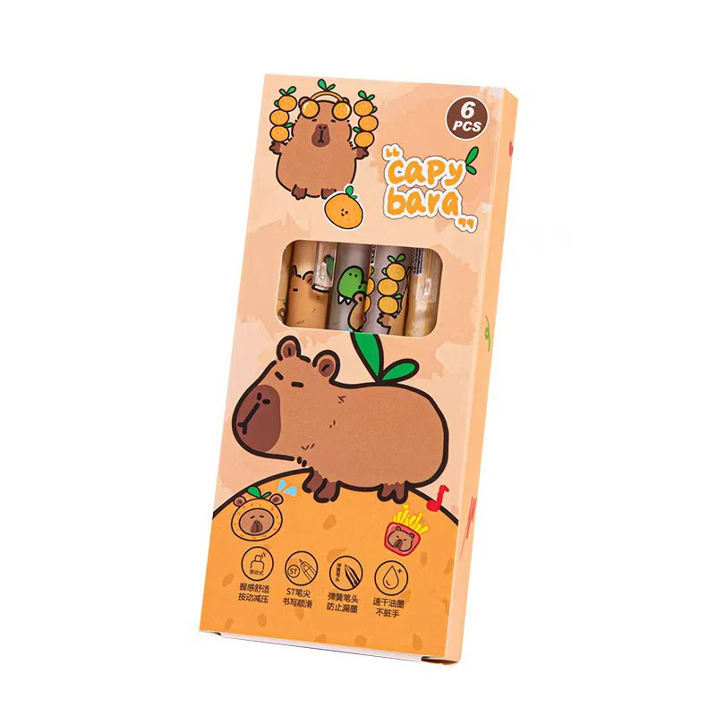 6Pcs Cute Capybara Gel Pen Writing Smooth Quick-Drying Black Ink Writing Soft Pen Grip School Supplies Aesthetic Pens Stationery