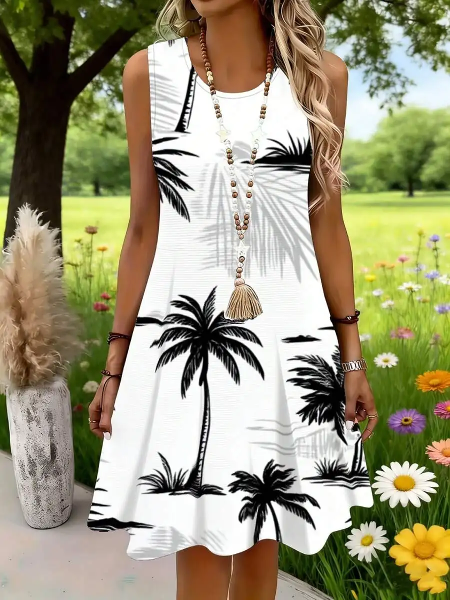 

Sleeveless White Palm Tree Print Dress For Summer Beach Vacation
