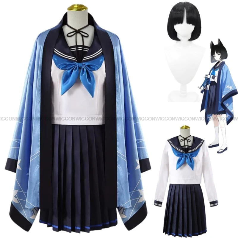 Anime Game Blue Archive Kikyo Cosplay Costume Kikyo Wig Blue Sailor School Uniform Cloak Shawl Woman Sexy Kawaii Halloween Suit