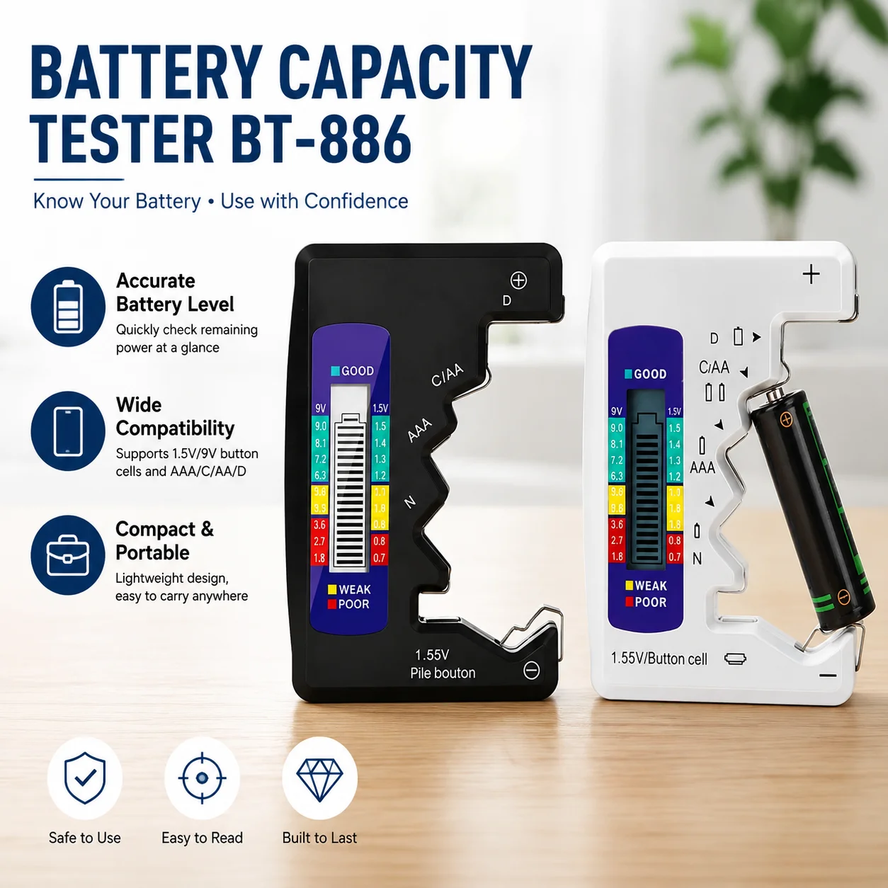 Battery Capacity Tester BT-886 Portable Lithium Battery Level Indicator with Digital LCD Display Voltage Checker Compact Size
