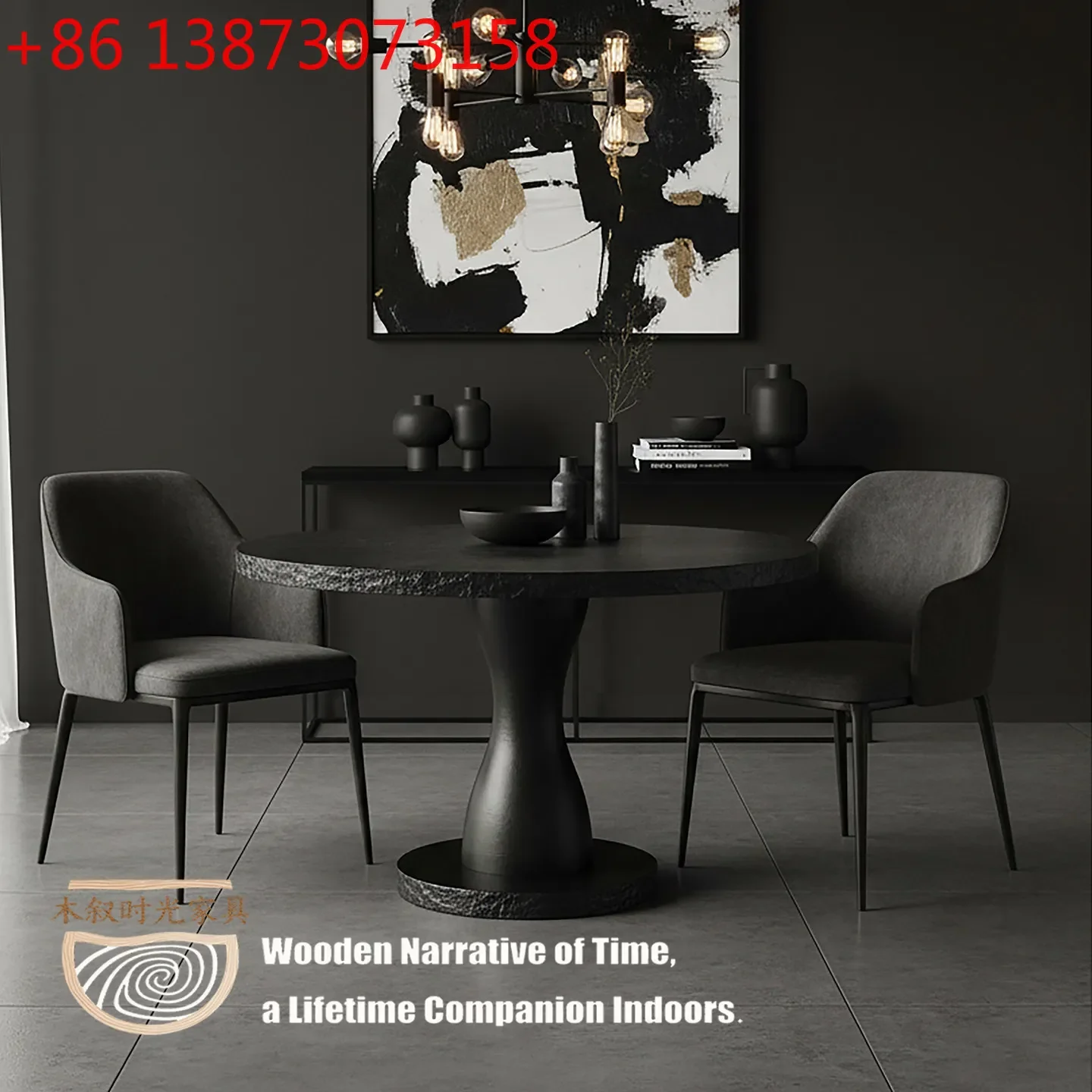 Medieval wabi-sabi style black solid wood designer light luxury round table
