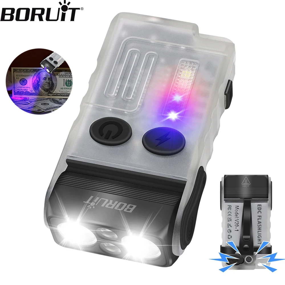 

BORUiT V20-1 Keychain EDC Flashlight Type-C Rechargeable Work Light 365nm UV Flashlight With Magnet Beep Camping Pocket Lantern