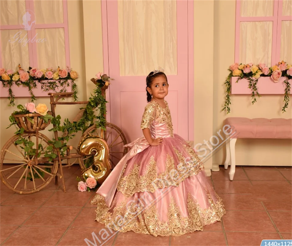 

Элегантные вечерние платья для девочек, розовые пушистые золотые кружевные аппликации для первого причастия, детский бал, фотосессия на заказ
