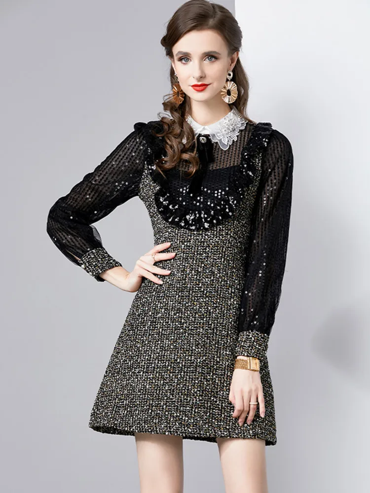 

SMTHMA New Fashion Mesh Sequins Sparkling Short Dress Women's Embroidery Lapel Long Sleeve Stitching Tweed Dresses Vestidos