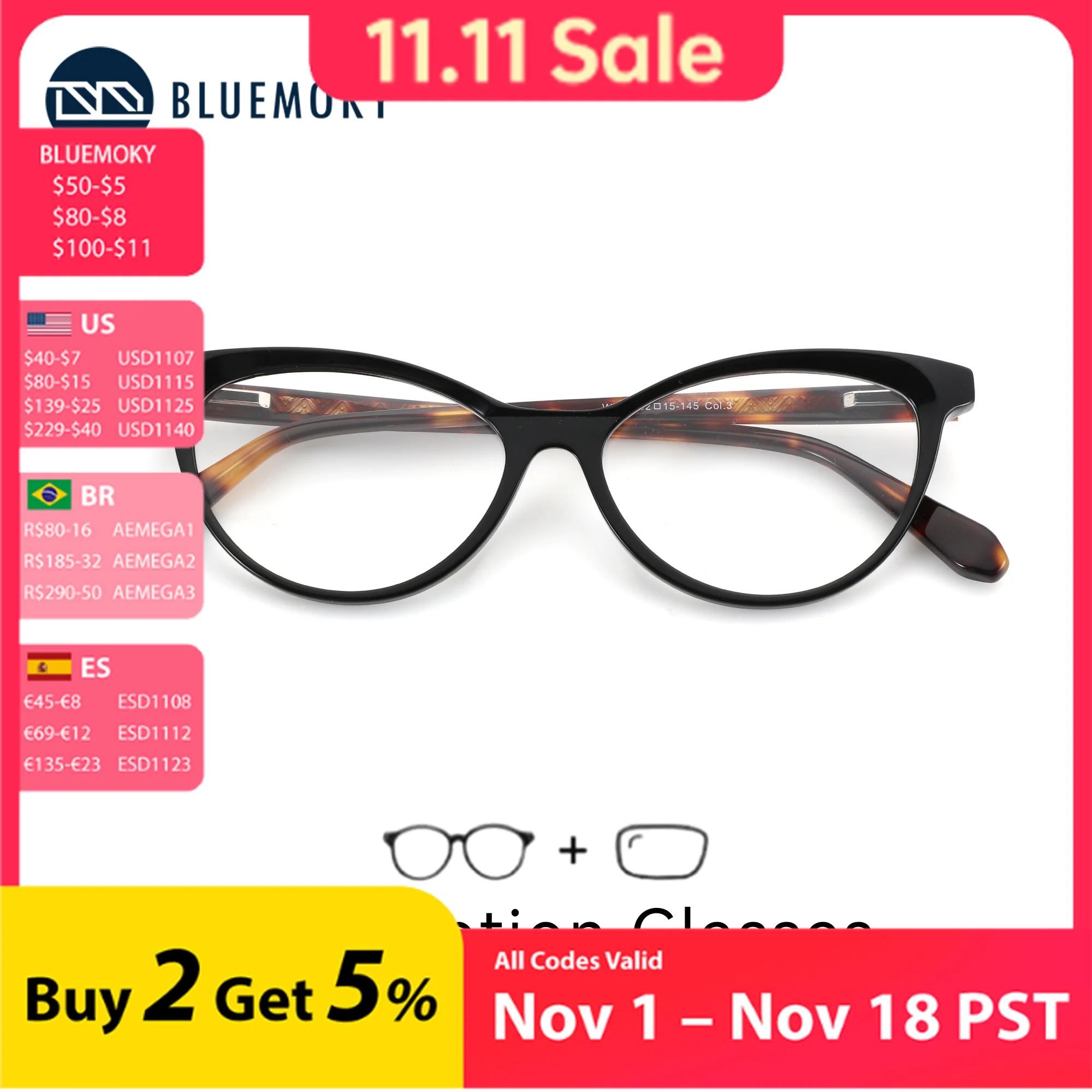 BLUEMOKY S Size Modish Cat Eye Graduated Progressive Multifocal Glasses Handmade Acetate Myopia Photochromic Lenses Woman