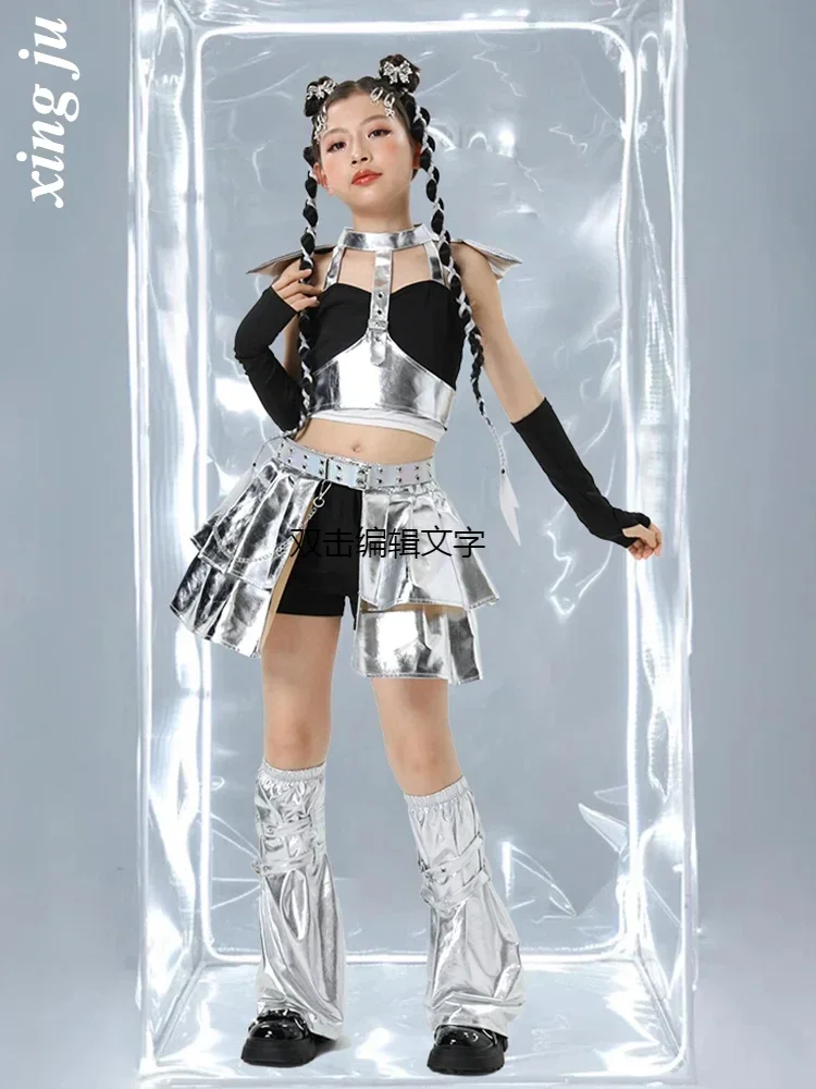 Argento Moda Bambini Set di danza jazz Kpop Concorso di danza Costumi Abiti per spettacoli teatrali Ragazze Hip Hop Street Dance Wear