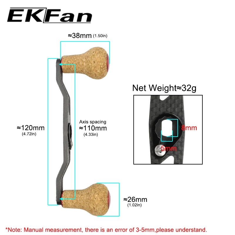 EKfan 120MM Carbon fiber+cork Knob Baitcasting Fishing Reel Handle 7*4/8*5mm Hole for A/S/D Lure Reel Handle DIY Parts