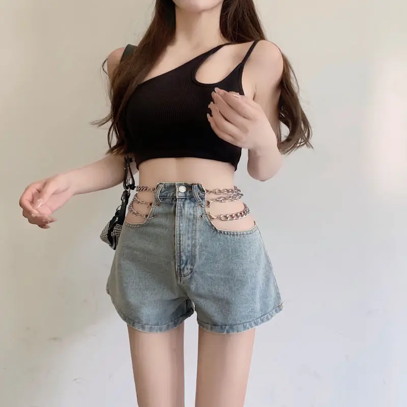 2022 Summer Women's Hollow Chain Jeans Women's Straight Shorts Summer High Waist Wide Leg Pants