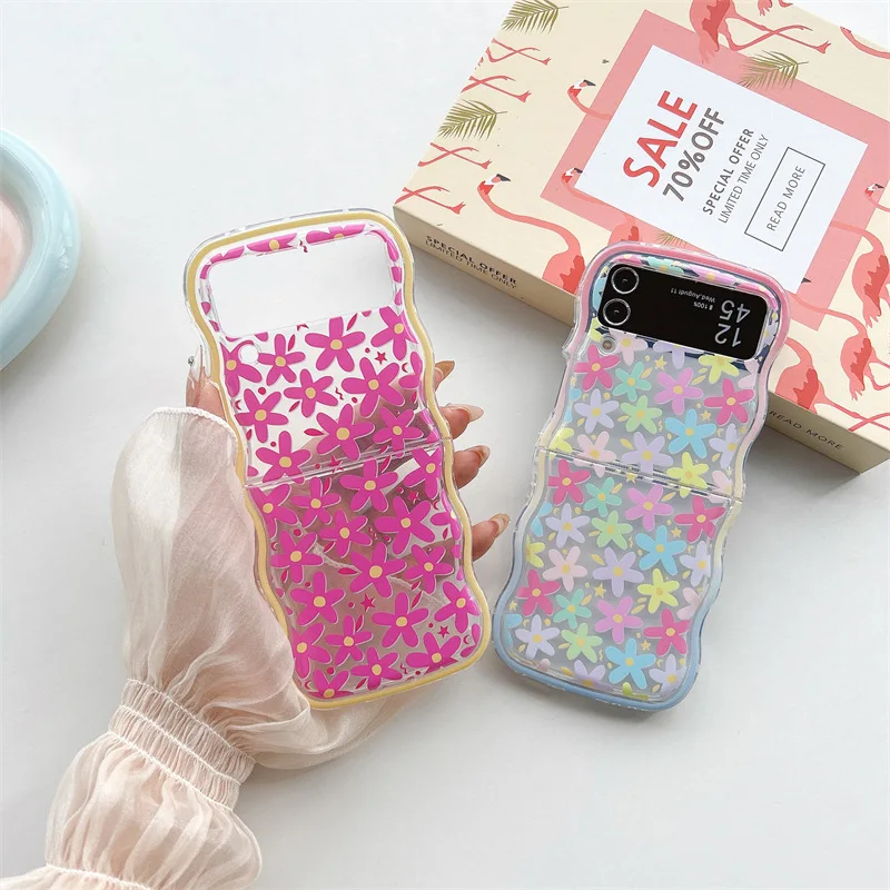 

Colorful Flower Wavy Edge Phone Case for Samsung Galaxy Z Flip 5 4 3 Protective Back Cover for ZFlip3 ZFlip4 ZFlip5 Case Shell