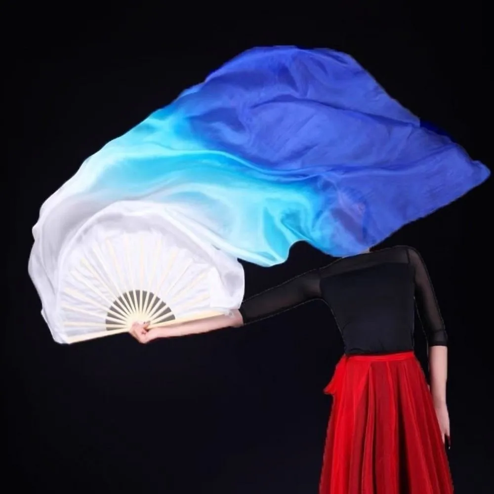 120/150/180cm Kid Women Belly Dancing Fan Right&Left Hands Light Blue/Blue Practice Long Imitation Silk Fans Tricolor Gradient