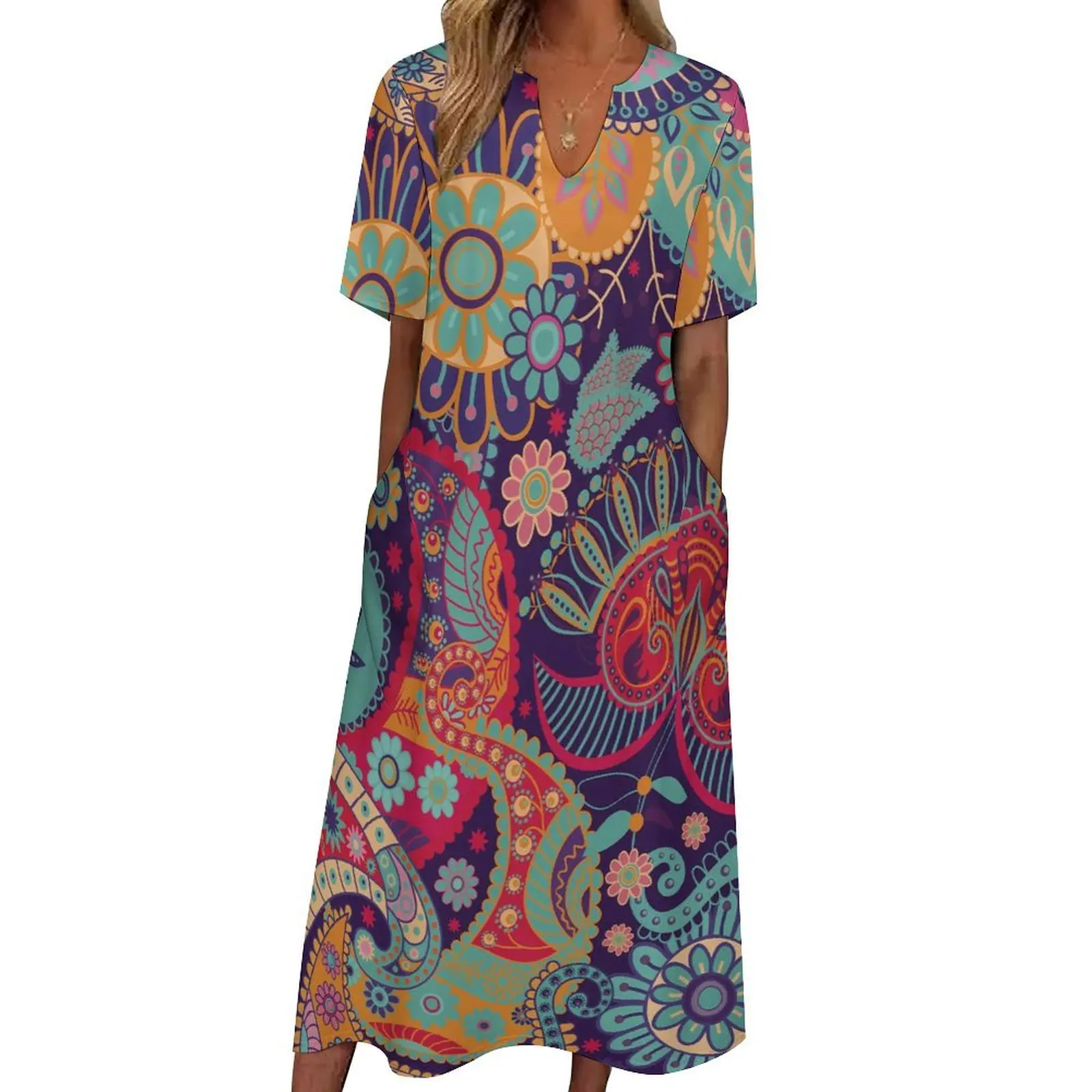 

Vintage Paisley Dress Flower Power Print Kawaii Maxi Dress Street Fashion Casual Long Dresses Womens V Neck Oversized Clothes