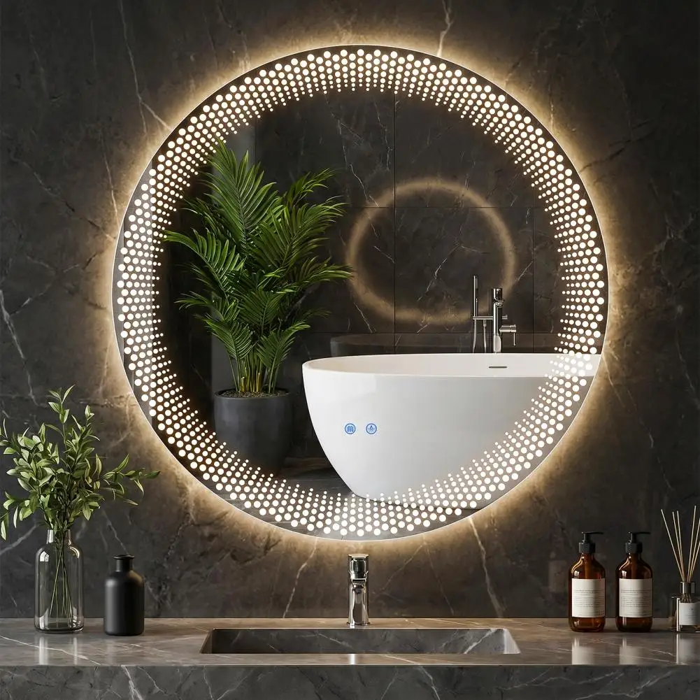 Round LED Bathroom Mirror 3 Colors Brightness Anti-Fog Dimmable Wall Mounted Vanity Mirror With Lights Smart Makeup Mirror 50%