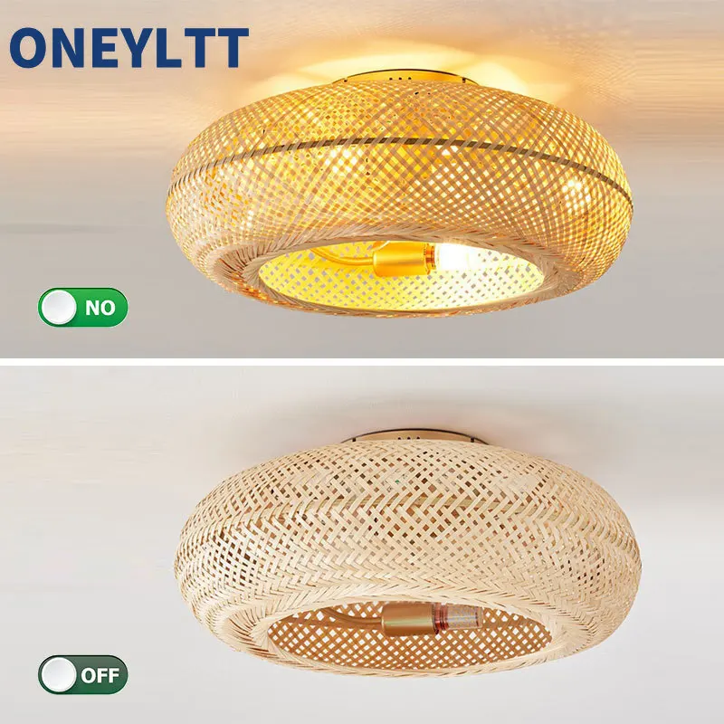 Round Bamboo Ceiling Fan With Light And Control Rattan Cage Flush Mount Ceiling Fans With Led Light For Home Living Room Bedroom