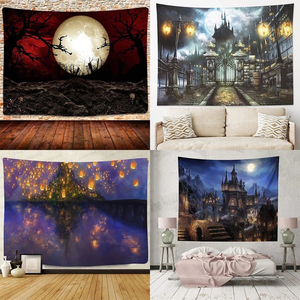 

Halloween castle pattern tapestry background cloth retro home decoration bedroom living room dormitory wall hanging cloth