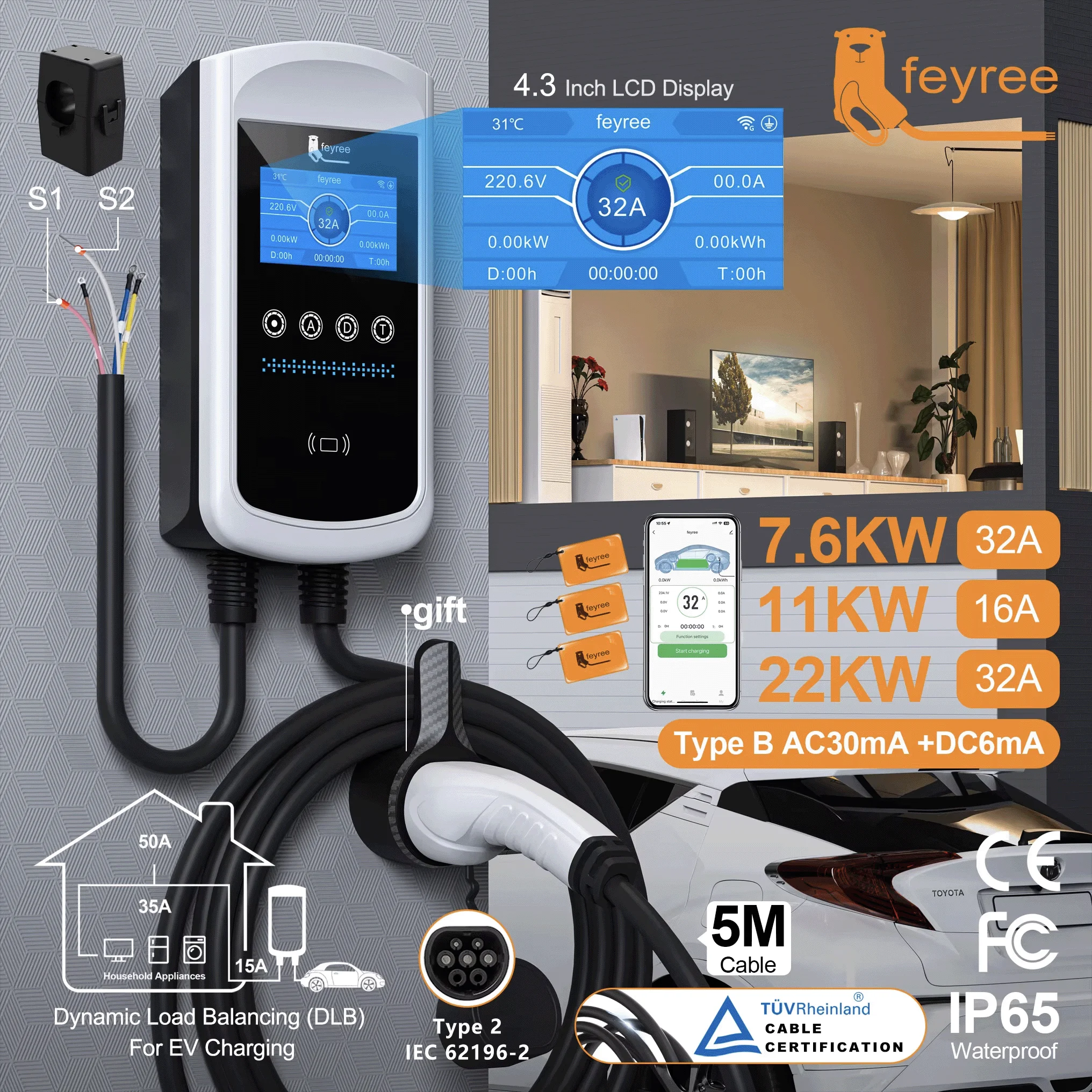 feyree Type2 EV Charger 4.3inch Screen 32A 7.6KW Dynamic Load Blancing 11KW 22KW 3Phase EVSE Wallbox APP with charge history