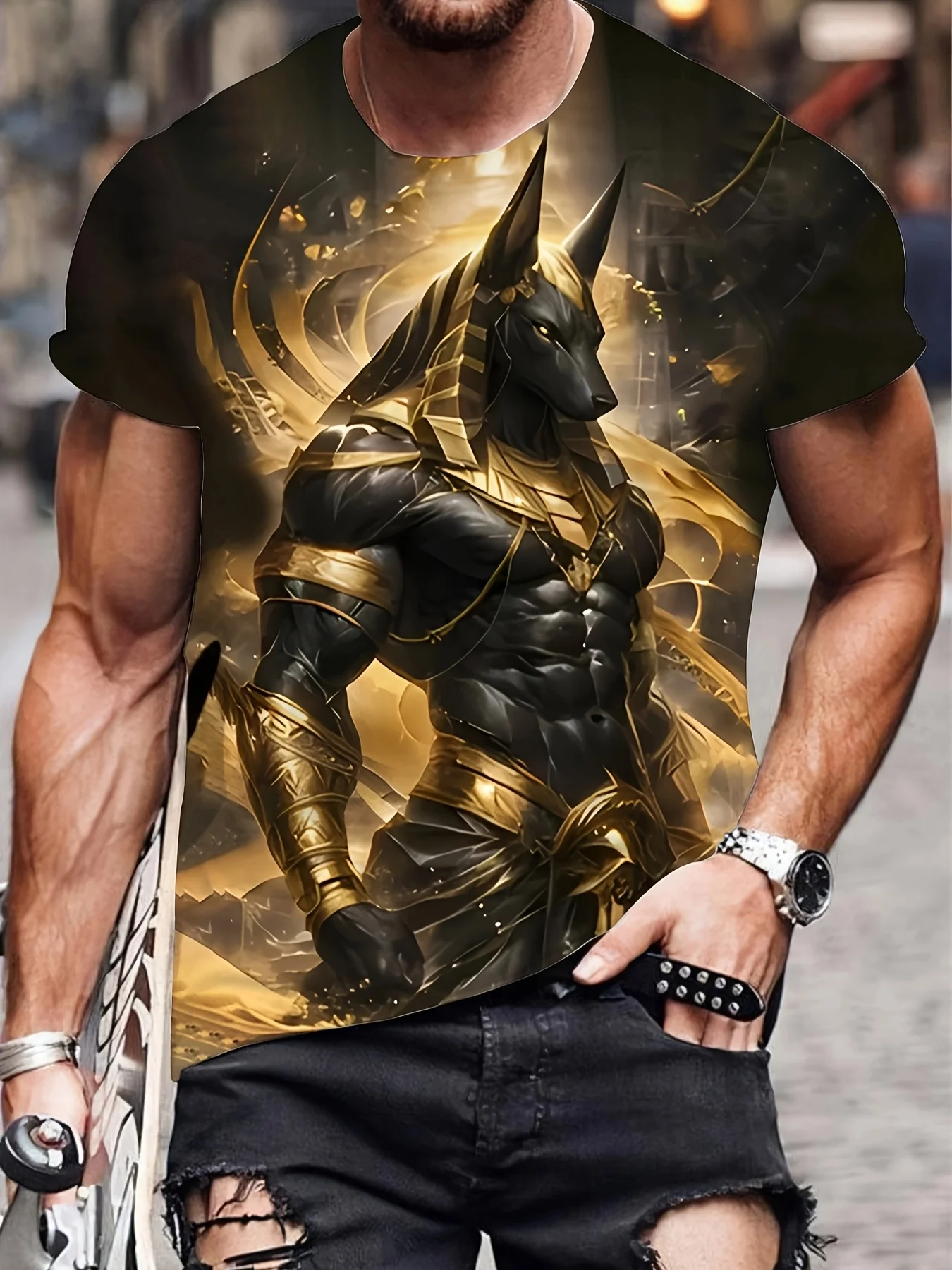 Men's 3D Egyptian Anubis God Black Gold Print T-Shirt Crew Neck Short Sleeve Mythology Casual Daily Tee Top